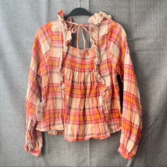 Free People Boho Ruffled Siena Plaid Pullover Top - Picture 3 of 10